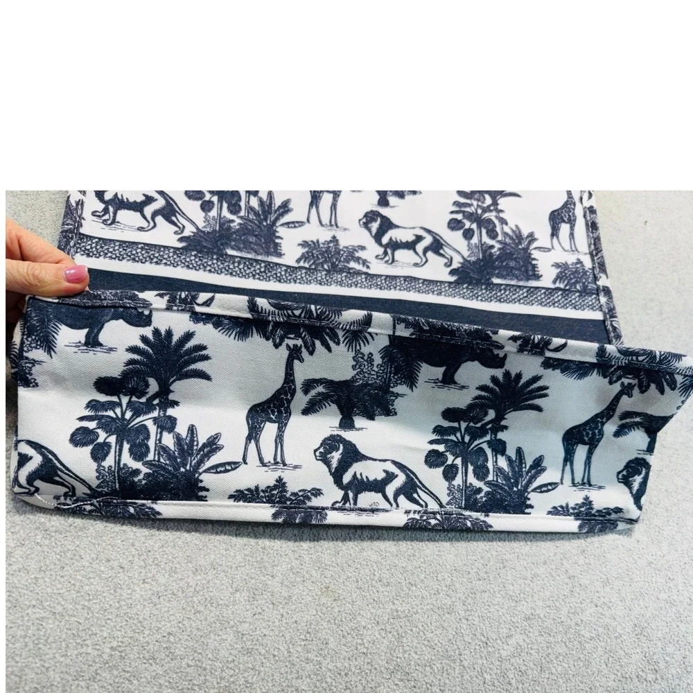 Safari Print Tote Bag Jungle Animal Canvas Tote Navy White Striped Lined Travel